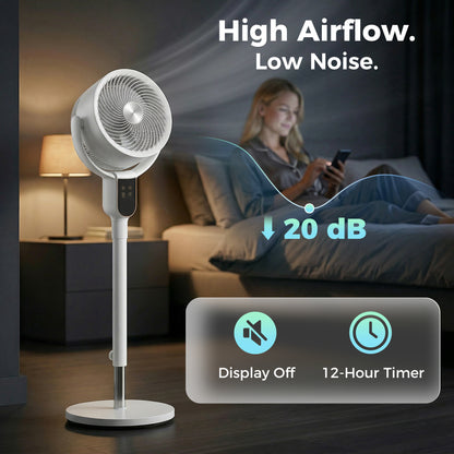 20 dB Silent Standing Fan for Bedroom, 42" Pedestal Fan with 70° Oscillating, 90° Vertical Tilt, 8 Speeds, Remote Control, 12H Timer, Adjustable Height, Child Lock, White