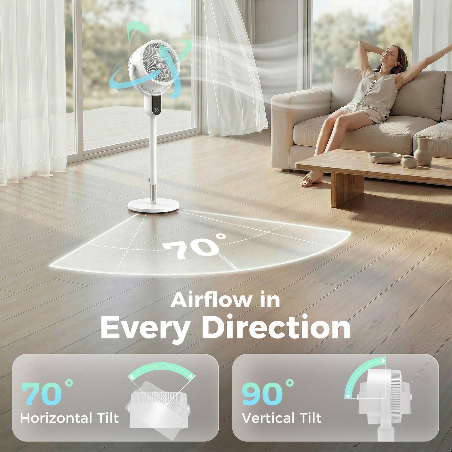 20 dB Silent Standing Fan for Bedroom, 42" Pedestal Fan with 70° Oscillating, 90° Vertical Tilt, 8 Speeds, Remote Control, 12H Timer, Adjustable Height, Child Lock, White