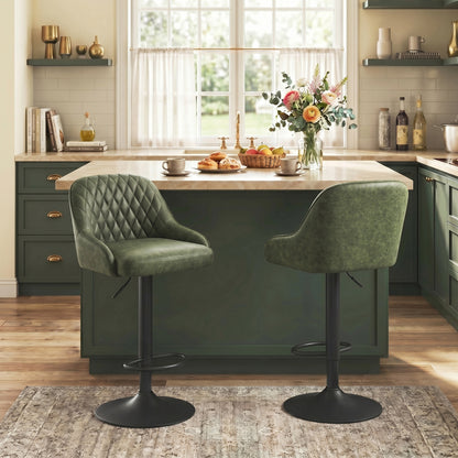 Breakfast Bar Stools Set of 2 with Wide Padded Seat, PU Leather Adjustable Swivel Bar Chairs, Modern Barstools with Footrest for Kitchen Island Counter, Home Bar, Dark Green