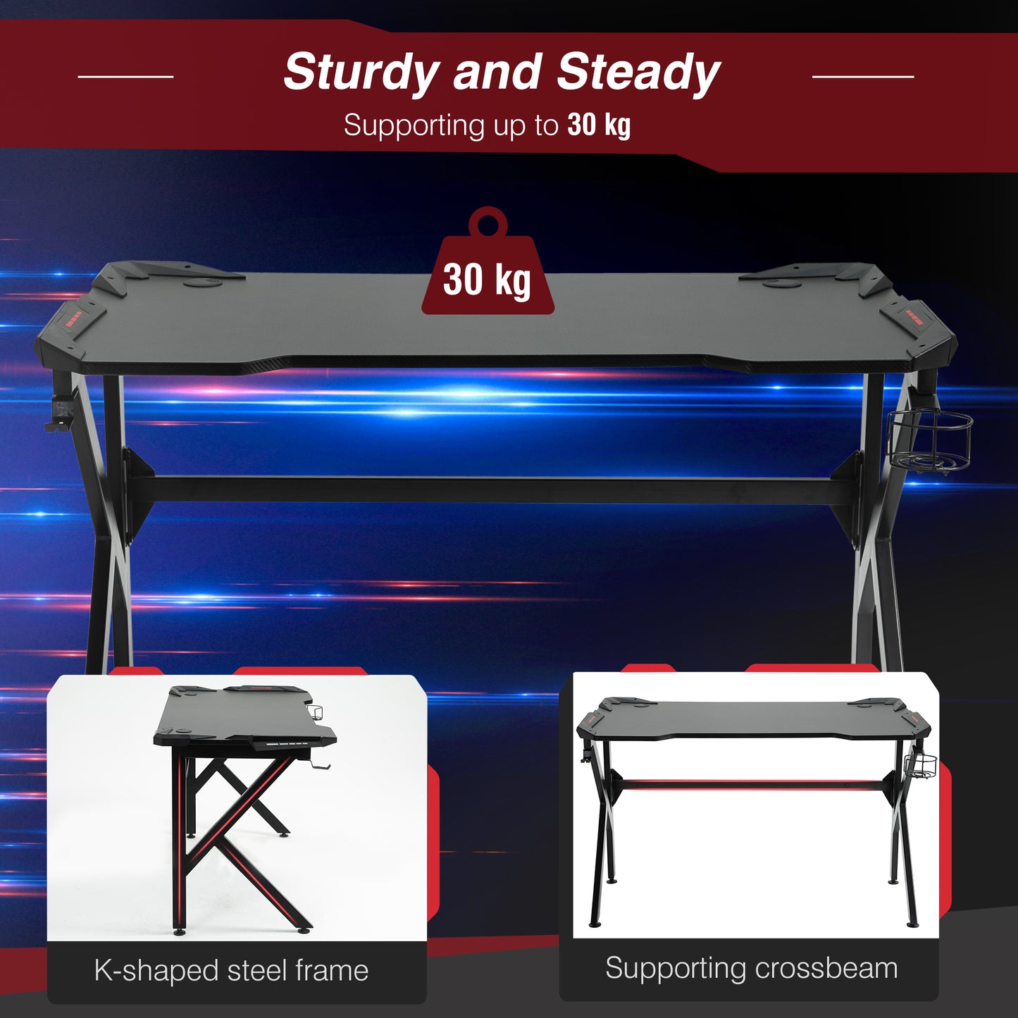 Spacious Gaming Desk Home Racing w/ Steel Frame Cup Headphone Holder Hook