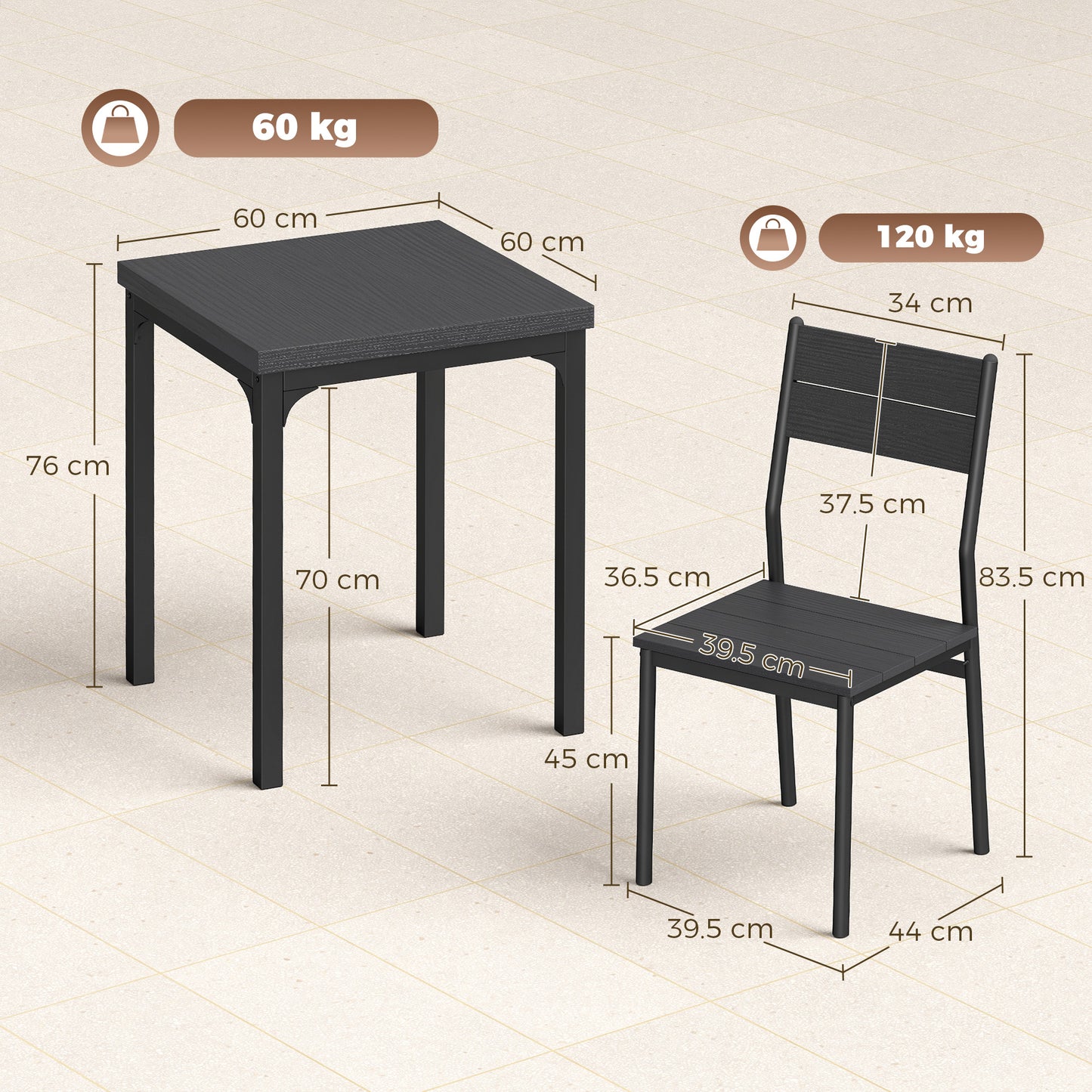 3 Pieces Modern Dining Table Set, Kitchen Table and Chairs for 2, Space Saving Design, Breakfast Nook Table Set with Steel Legs for Kitchen, Small Space, Black Wood Effect
