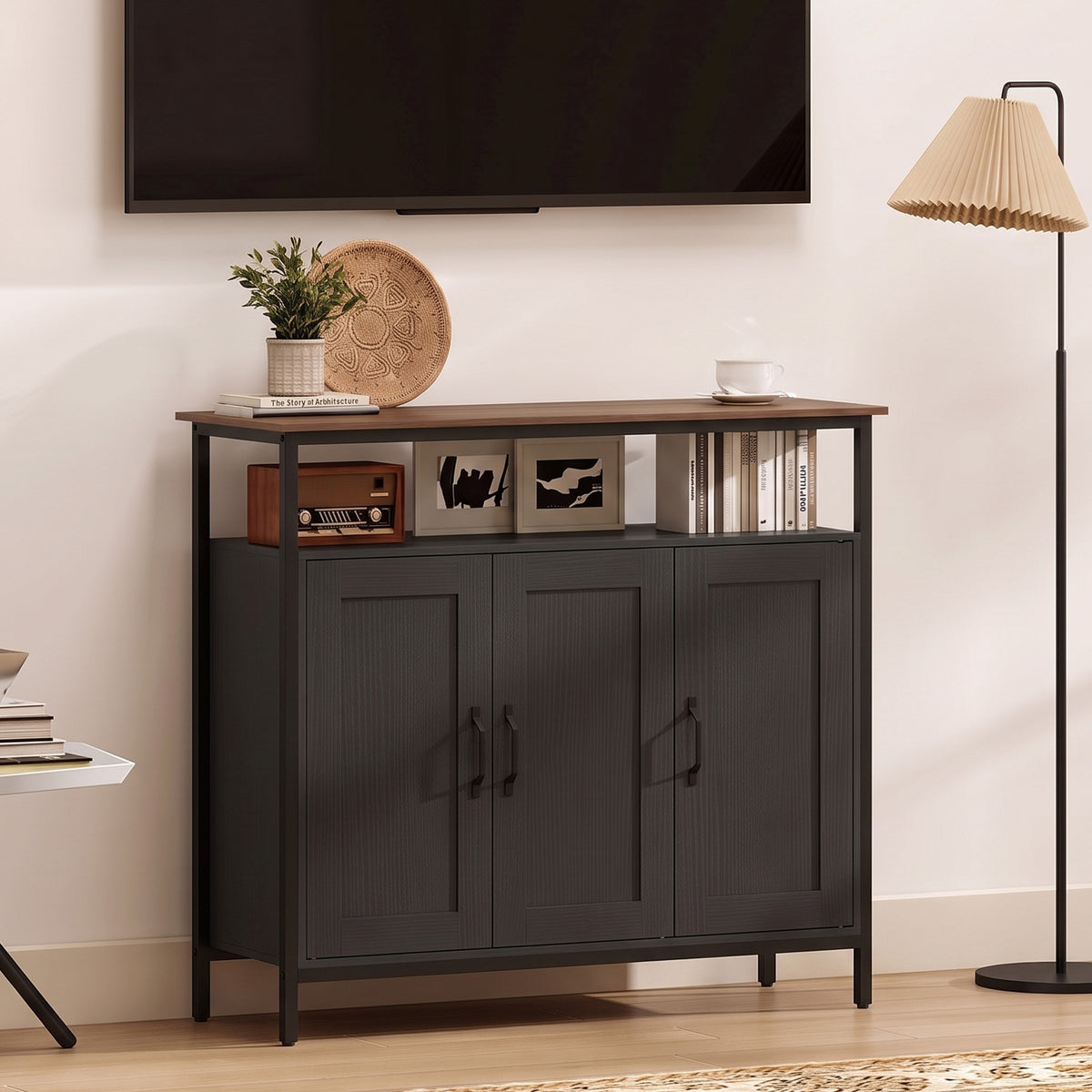 Industrial Sideboard with 2 Cupboards and Open Shelf - Black & Walnut Effect