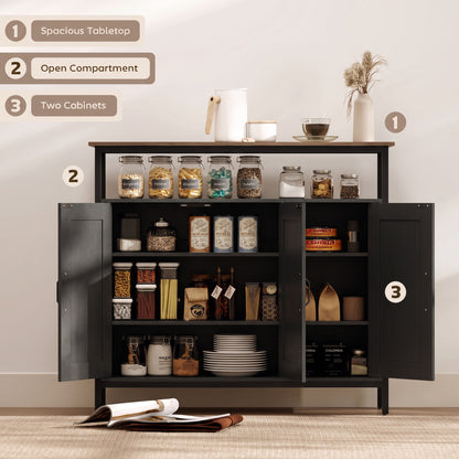 Industrial Sideboard with 2 Cupboards and Open Shelf - Black & Walnut Effect