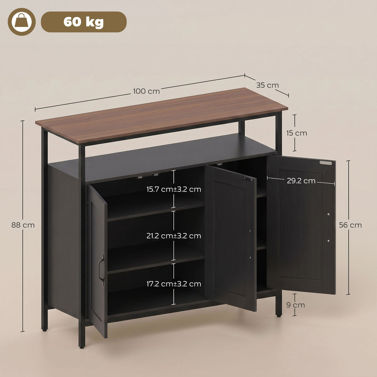 Industrial Sideboard with 2 Cupboards and Open Shelf - Black & Walnut Effect