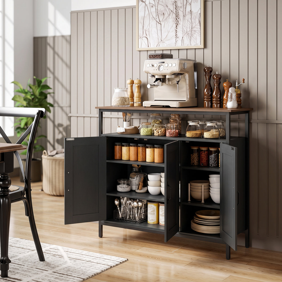 Industrial Sideboard with 2 Cupboards and Open Shelf - Black & Walnut Effect