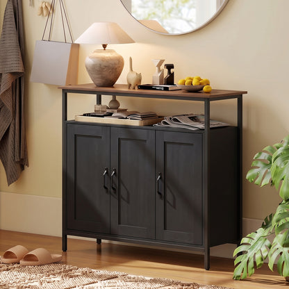 Industrial Sideboard with 2 Cupboards and Open Shelf - Black & Walnut Effect
