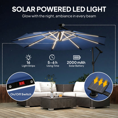 3 m Garden Cantilever Parasol with Solar Light, Rotation, Navy Blue