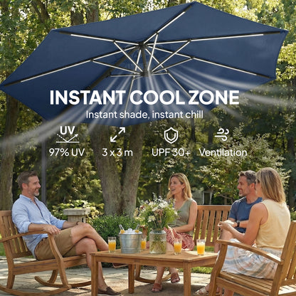 3 m Garden Cantilever Parasol with Solar Light, Rotation, Navy Blue