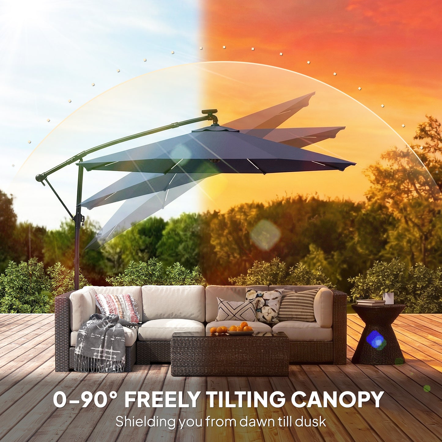 3 m Garden Cantilever Parasol with Solar Light, Rotation, Navy Blue