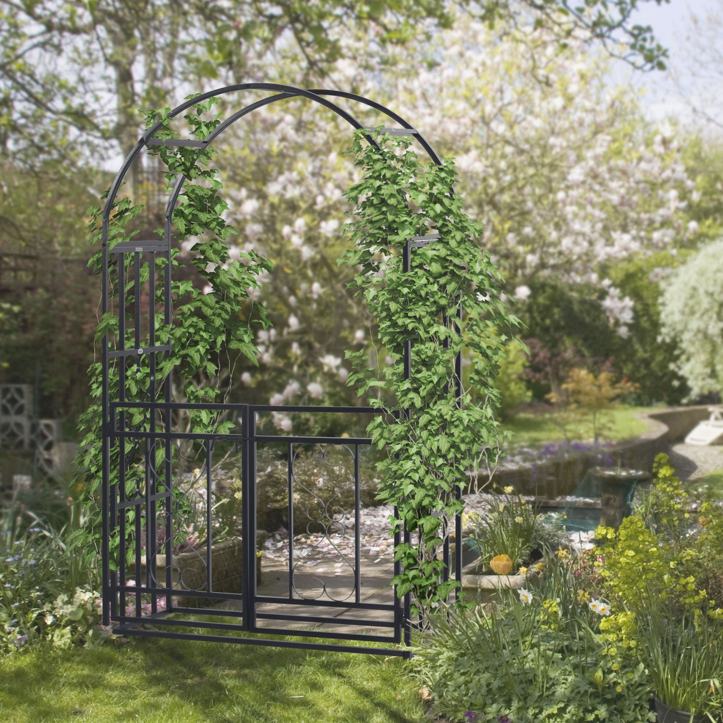 Metal Garden Arch with Double Gate, Garden Arbor Climbing Plants