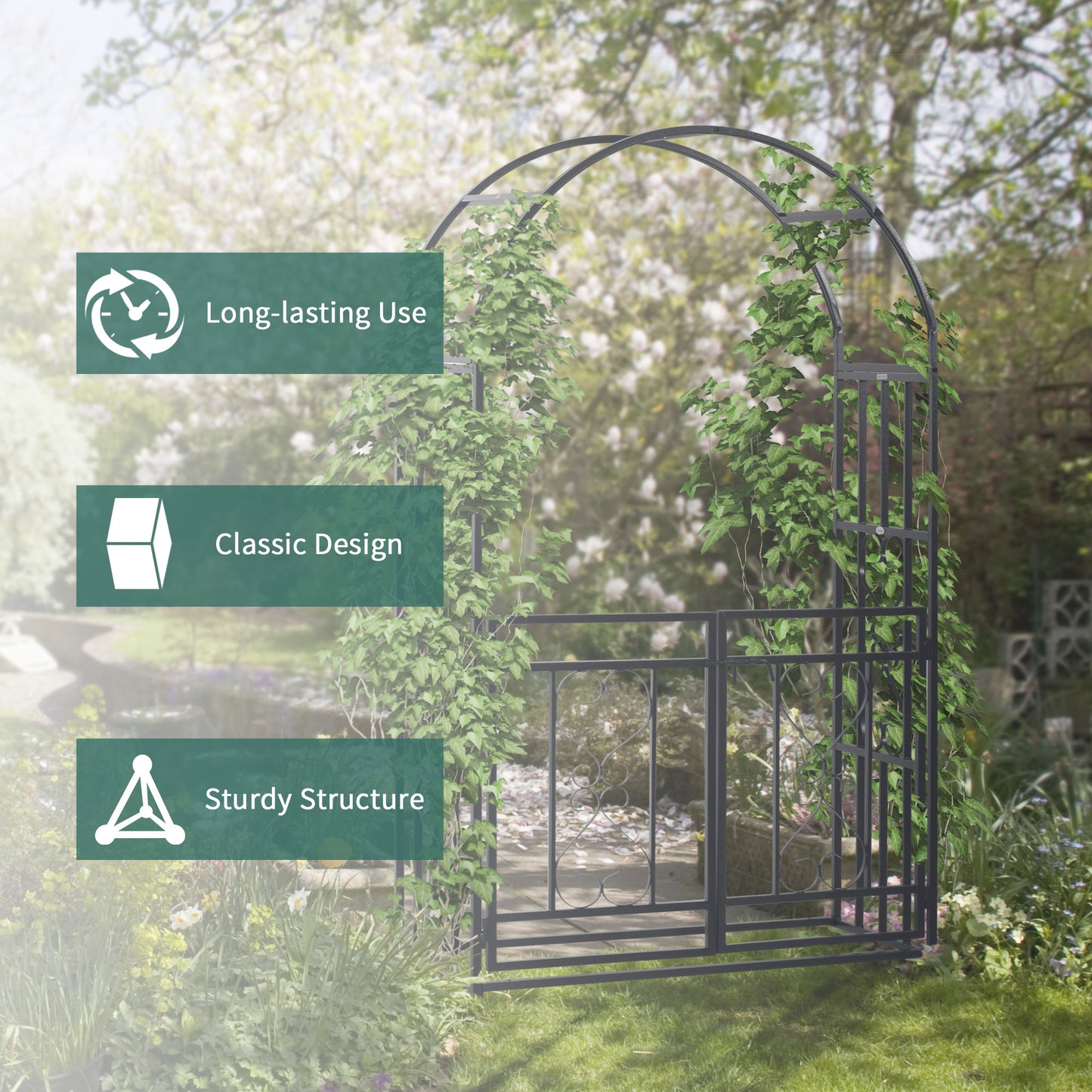 Metal Garden Arch with Double Gate, Garden Arbor Climbing Plants