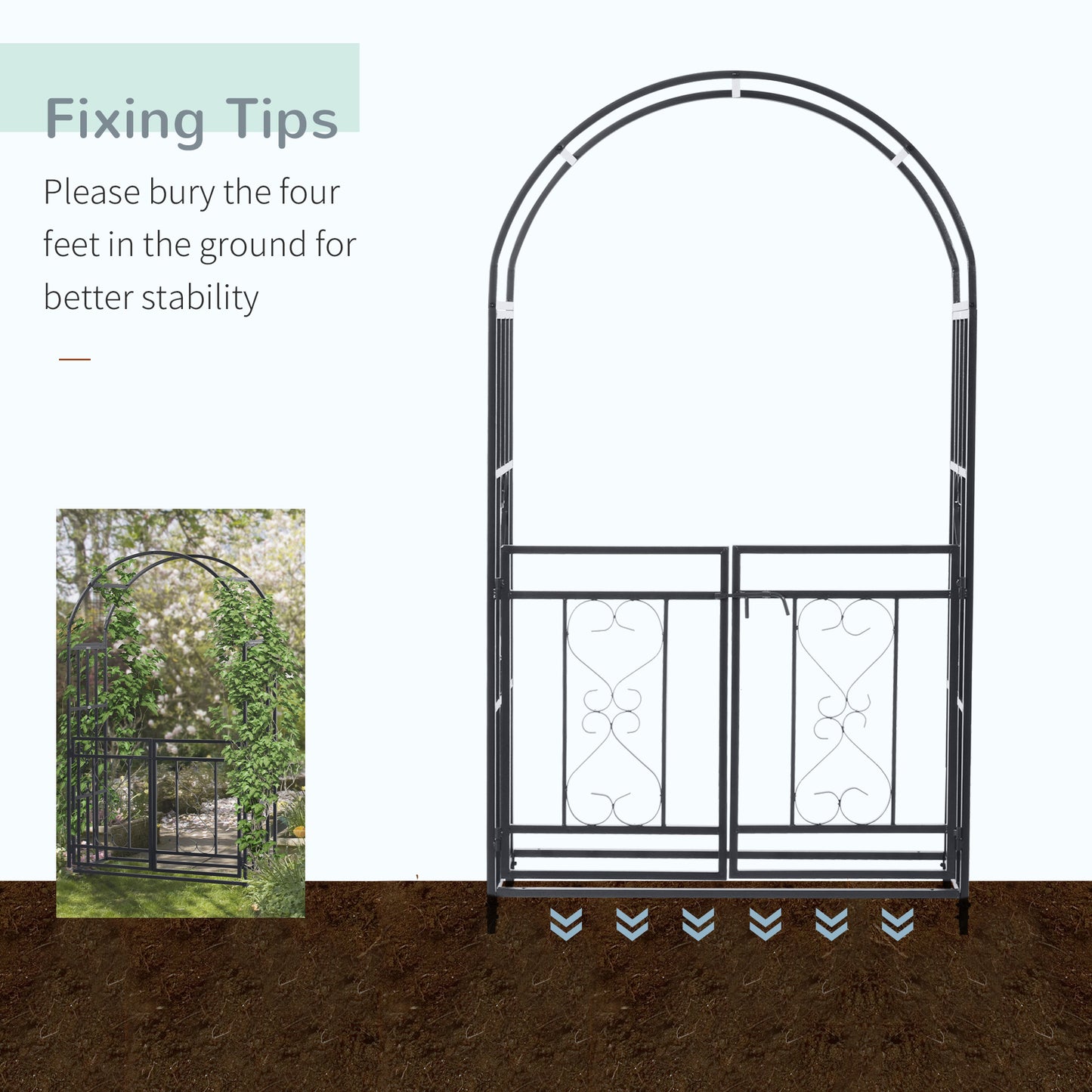 Metal Garden Arch with Double Gate, Garden Arbor Climbing Plants