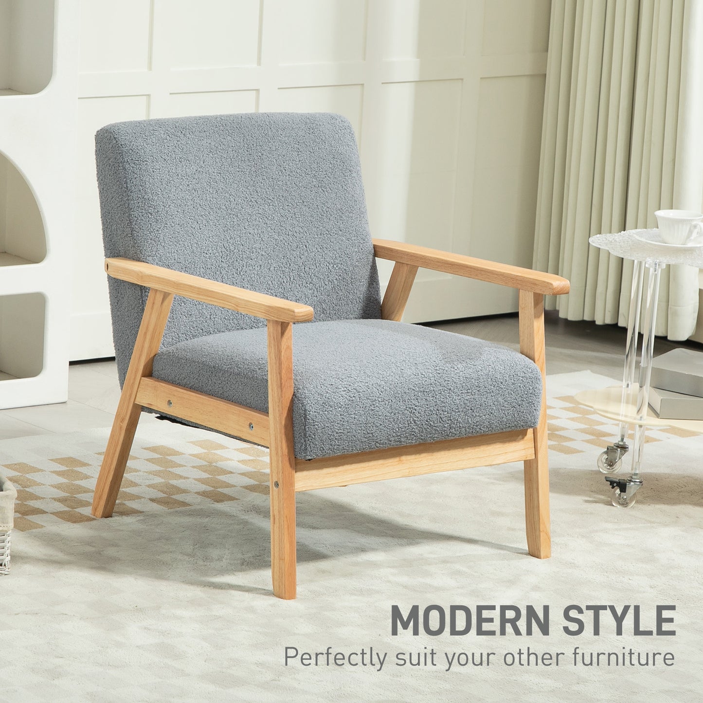 Accent Chair with Wood Frame Wide Seat Cashmere Armchair Grey