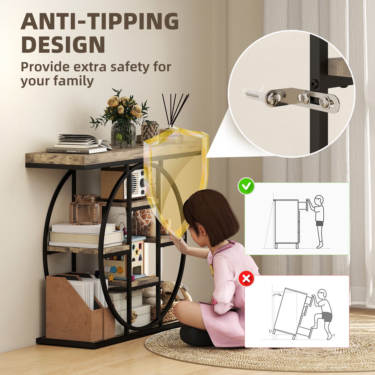 Industrial Console Table, Hallway Table with Storage Shelves