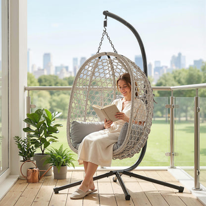 Hanging Egg Chair, Rattan Swing Chair with Stand, Light Grey