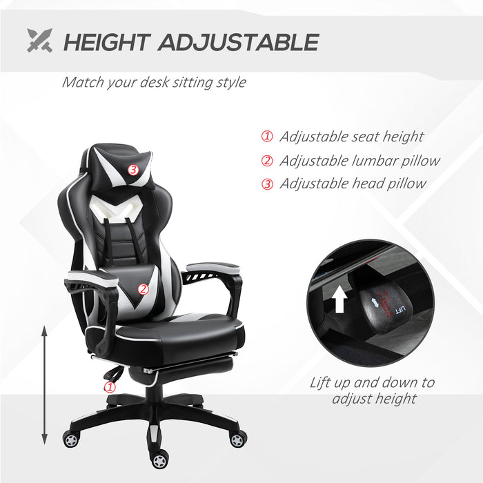 Ergonomic Racing Gaming Chair Office Desk Chair Adjustable Height Recliner with Wheels, Headrest, Lumbar Support, Retractable Footrest White