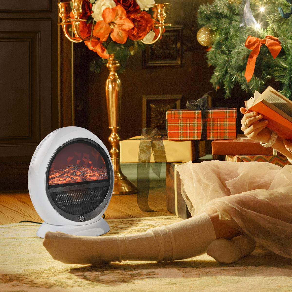 Table Top Electric Fireplace Heater W/ LED Flame Rotatable Head White