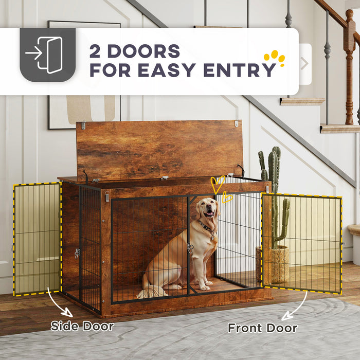 Dog Crate Furniture, Dog Cage End Table with Flip-up Opening Top, 2 Lockable Doors, for Large Dogs, 118 x 75 x 77cm, Rustic Brown