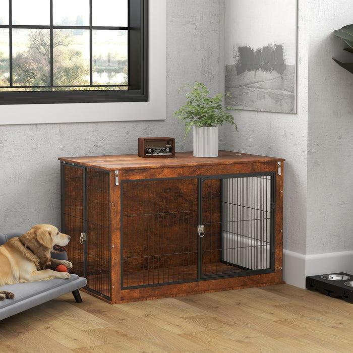 Dog Crate Furniture, Dog Cage End Table with Flip-up Opening Top, 2 Lockable Doors, for Large Dogs, 118 x 75 x 77cm, Rustic Brown