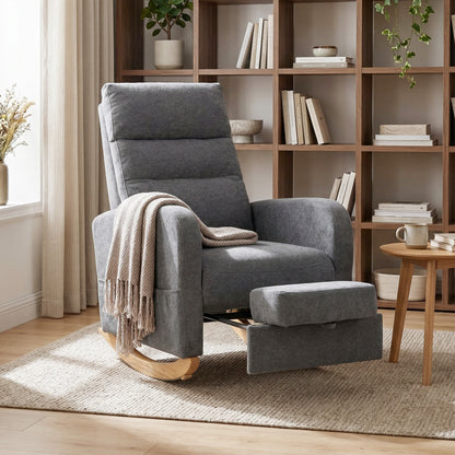 Upholstered Rocking Chair with Retractable Footrest Grey