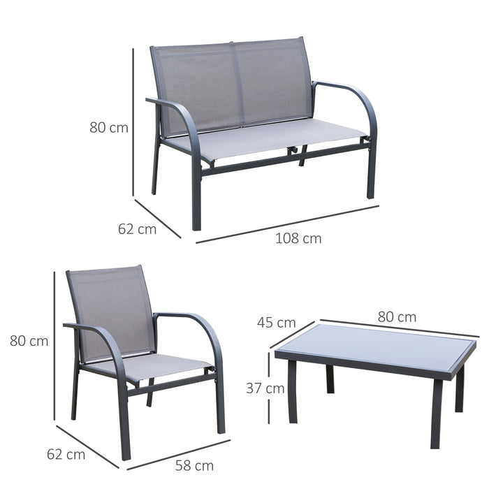 4 pcs Curved Steel Patio Furniture Set w/ Loveseat, Texteline Seats, Glass Top Table For Party Event, Grey