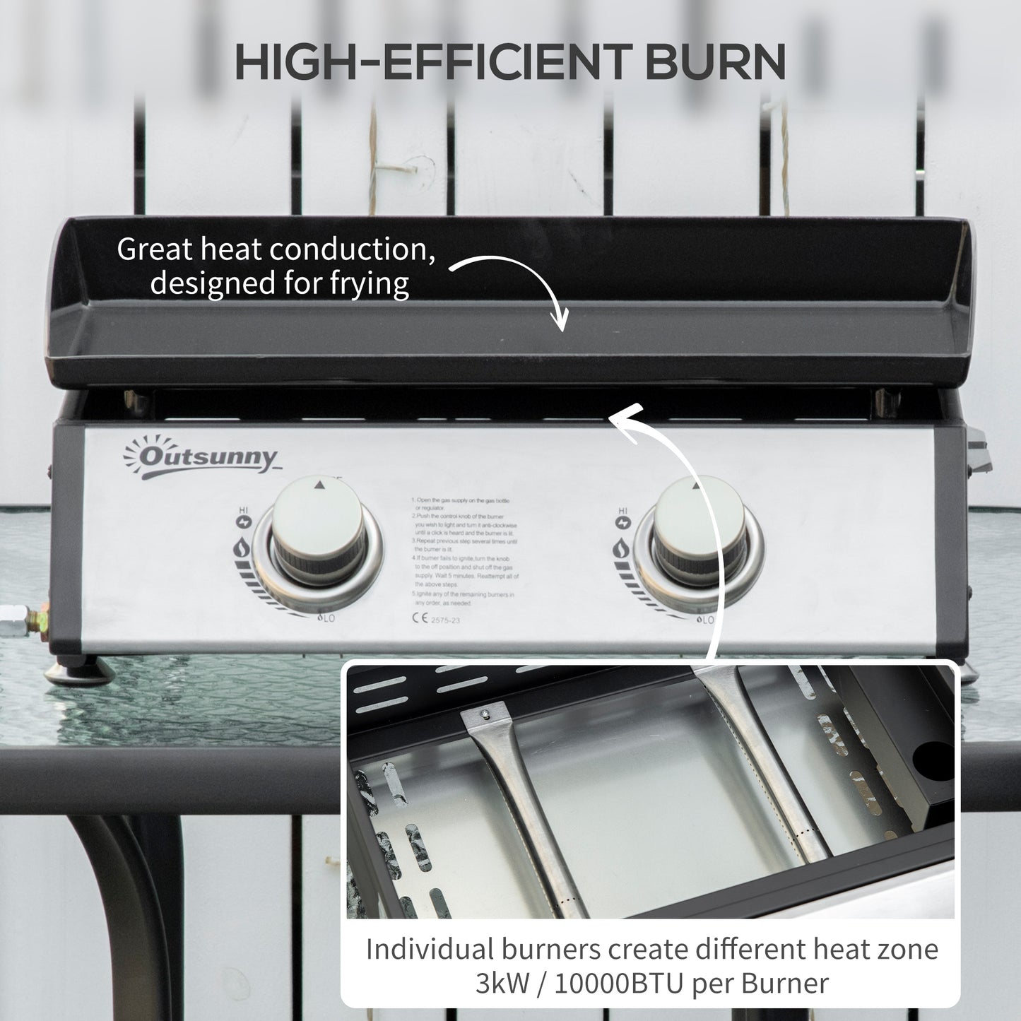 Portable Tabletop Gas Plancha Grill w/ 2 Stainless Steel Burner, 10kW, Non-Stick Griddle for BBQ Camping Picnic Party