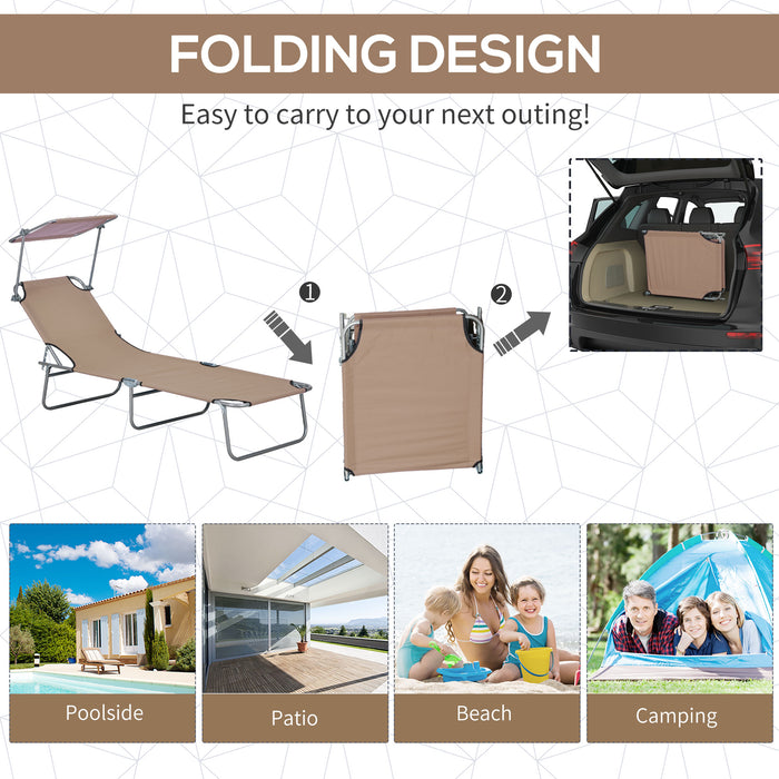 Folding Sun Lounger w/ Sunshade Adjustable Backrest Tan