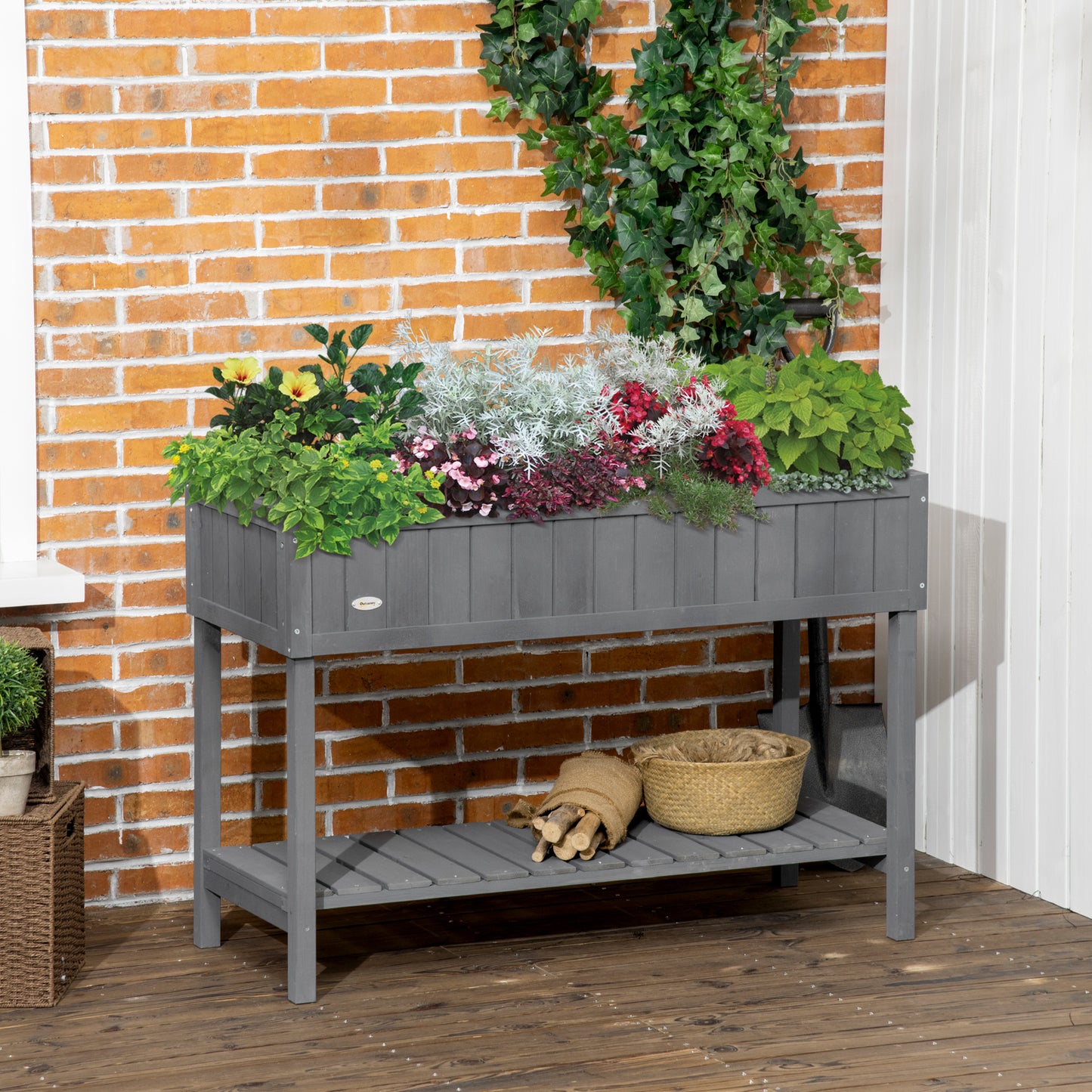 Wooden Herb Planter Stand 8 Cubes Bottom Shelf Raised Bed Dark Grey