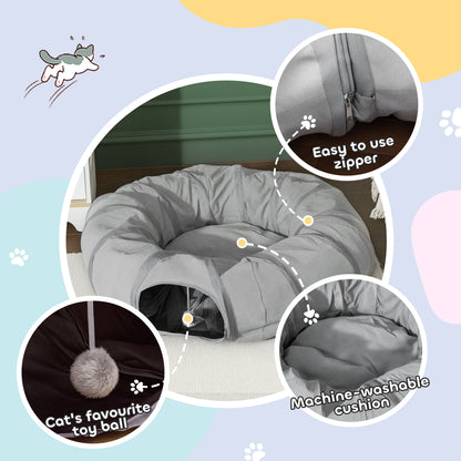 Cat Tunnel with Bed, Large Foldable 2 in 1 Cat Play Tunnel Donut Bed for Indoor with Ball & Peek Hole, Interactive Toys for Kitten, Puppy, Rabbits, Grey