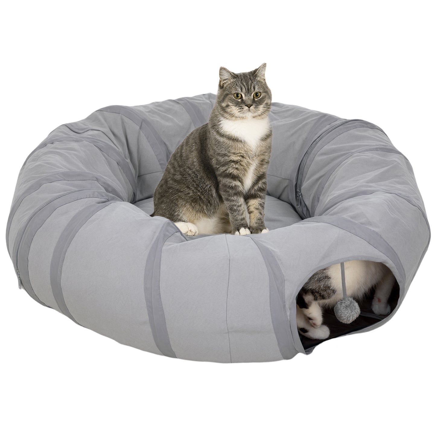 Cat Tunnel with Bed, Large Foldable 2 in 1 Cat Play Tunnel Donut Bed for Indoor with Ball & Peek Hole, Interactive Toys for Kitten, Puppy, Rabbits, Grey