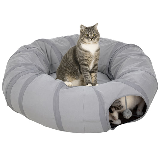 Cat Tunnel with Bed, Large Foldable 2 in 1 Cat Play Tunnel Donut Bed for Indoor with Ball & Peek Hole, Interactive Toys for Kitten, Puppy, Rabbits, Grey