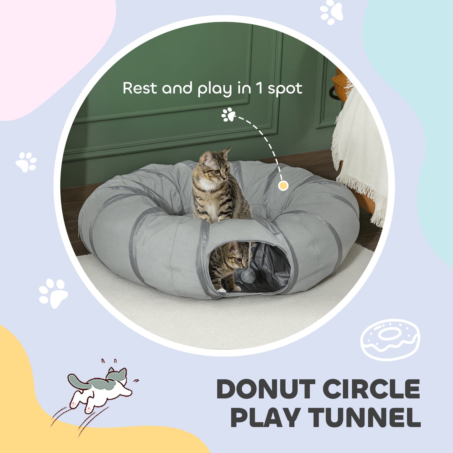 Cat Tunnel with Bed, Large Foldable 2 in 1 Cat Play Tunnel Donut Bed for Indoor with Ball & Peek Hole, Interactive Toys for Kitten, Puppy, Rabbits, Grey