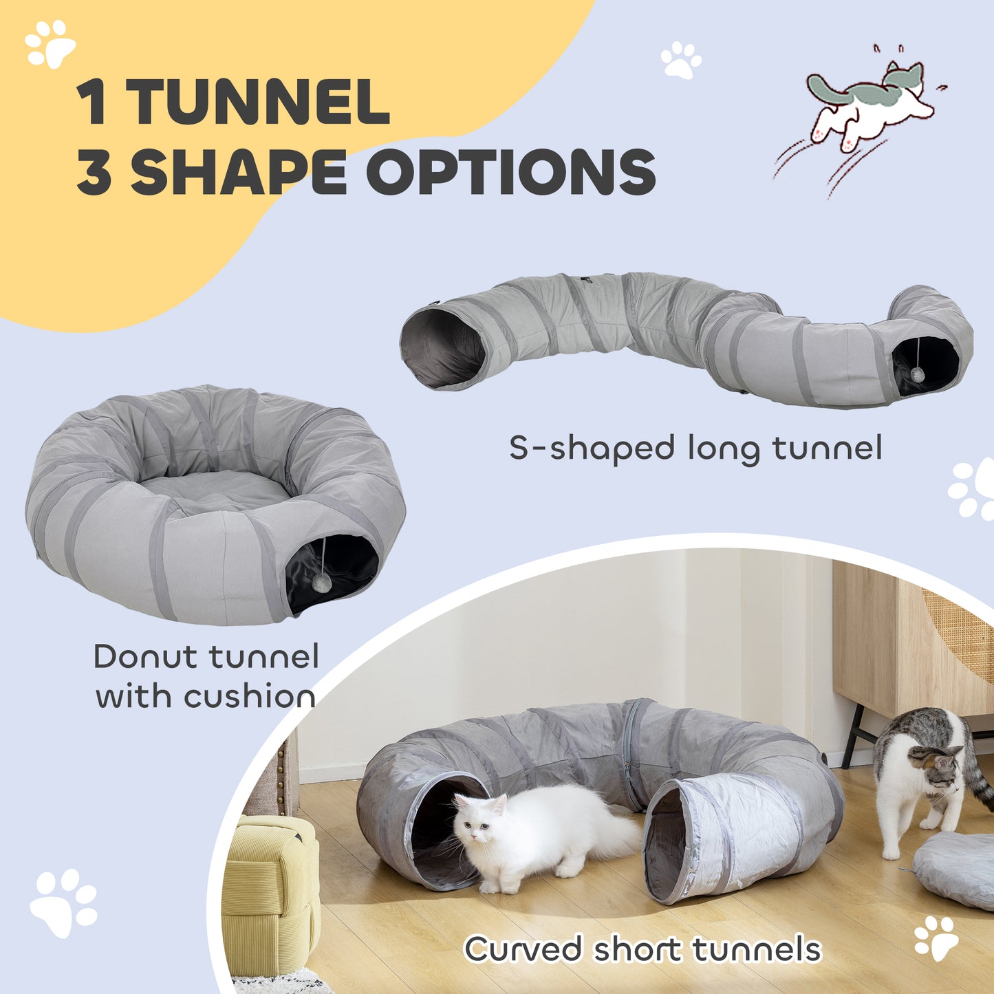 Cat Tunnel with Bed, Large Foldable 2 in 1 Cat Play Tunnel Donut Bed for Indoor with Ball & Peek Hole, Interactive Toys for Kitten, Puppy, Rabbits, Grey