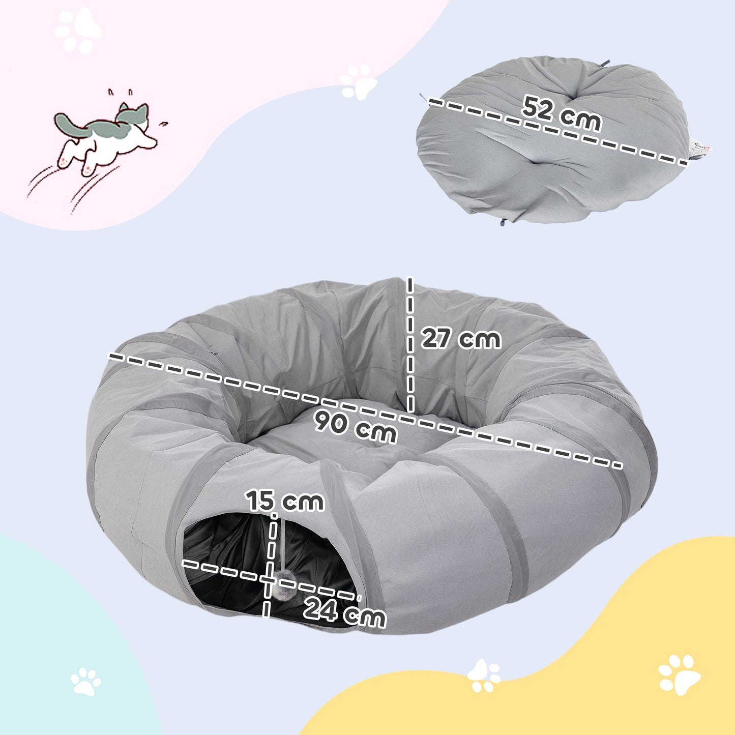 Cat Tunnel with Bed, Large Foldable 2 in 1 Cat Play Tunnel Donut Bed for Indoor with Ball & Peek Hole, Interactive Toys for Kitten, Puppy, Rabbits, Grey