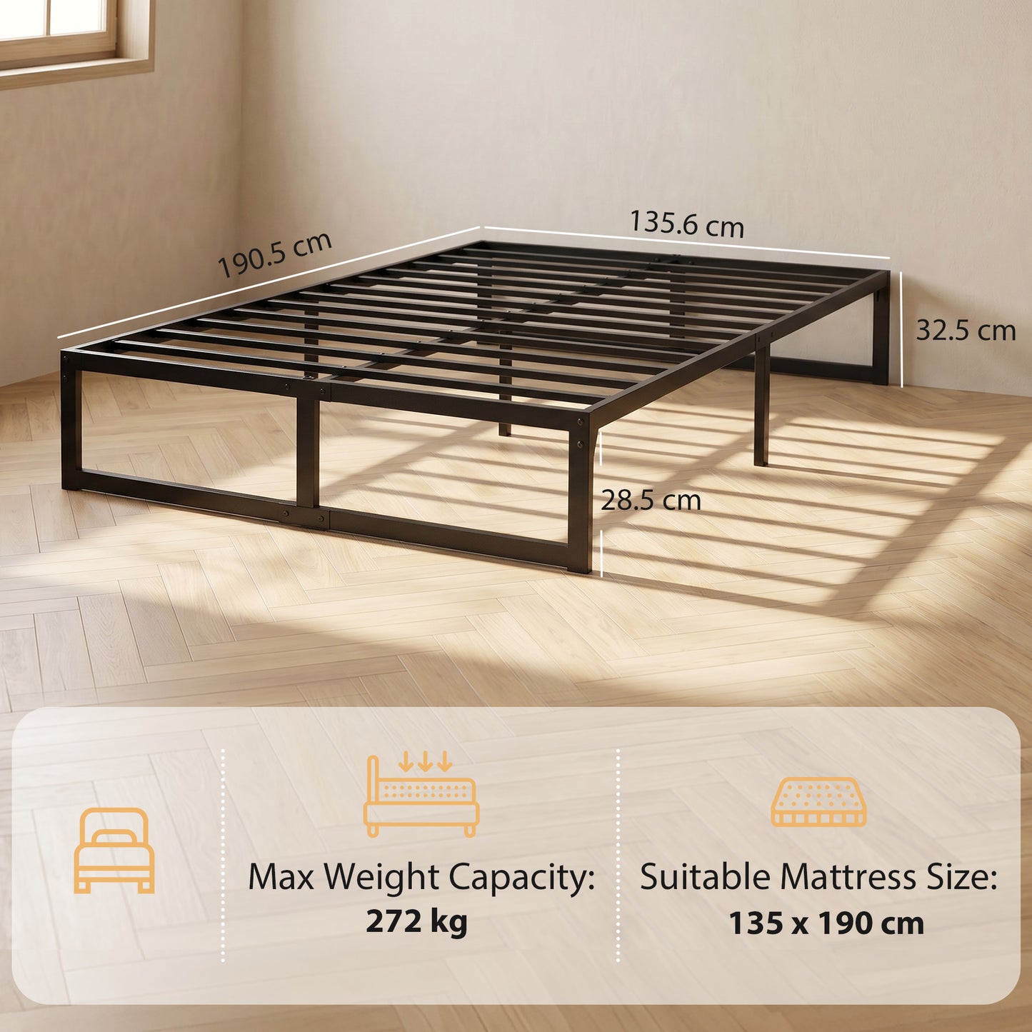 4ft6 Double Bed Frame with Underbed Storage, Noise-Free, Black