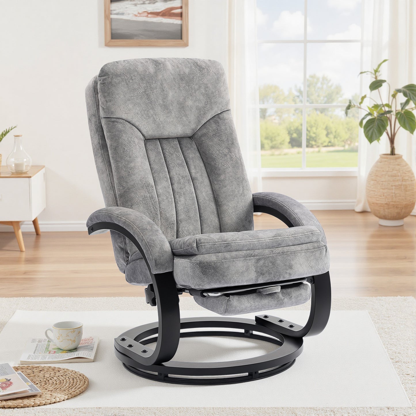 Manual Recliner Armchair with Footrest, Wooden Base, Grey