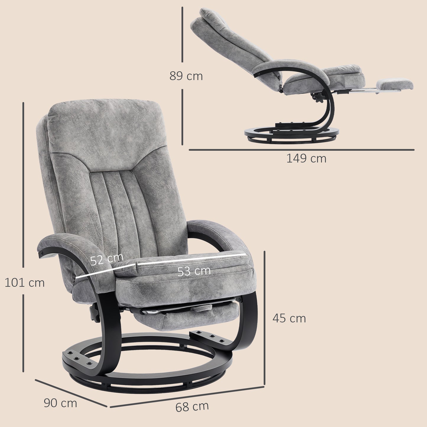 Manual Recliner Armchair with Footrest, Wooden Base, Grey