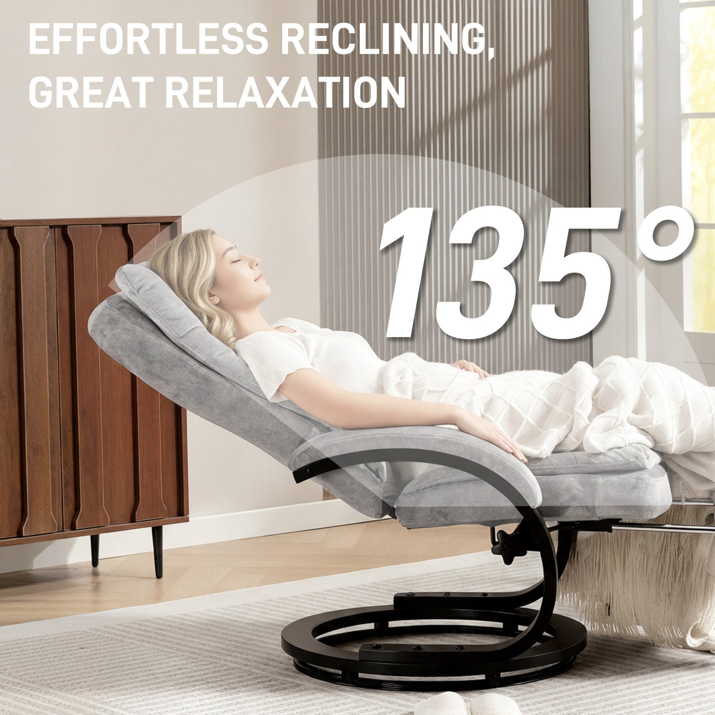 Manual Recliner Armchair with Footrest, Wooden Base, Grey