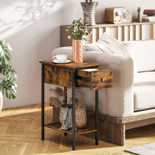 Industrial Slim End Table Nightstand for Small Spaces Rustic Brown