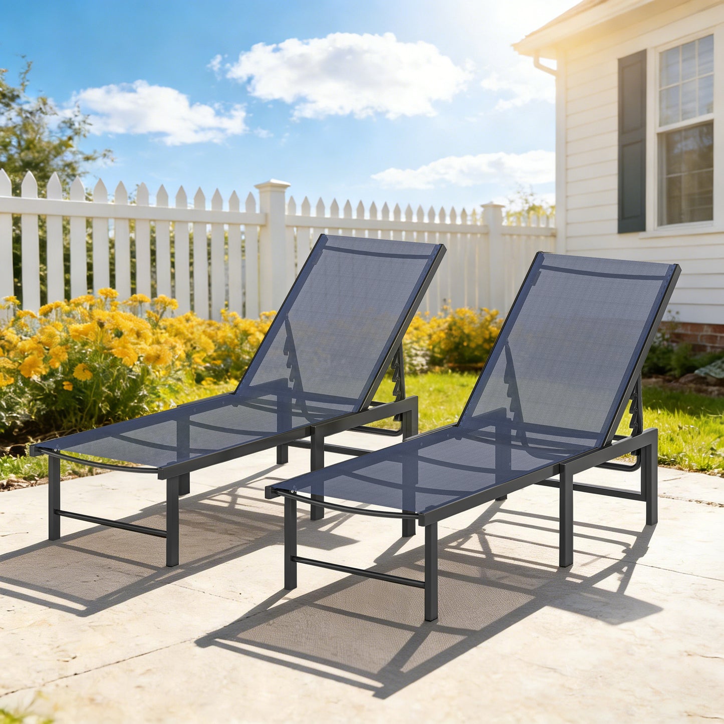 Sun Loungers Set of 2, 5-Level Reclining Sunbeds, Dark Blue
