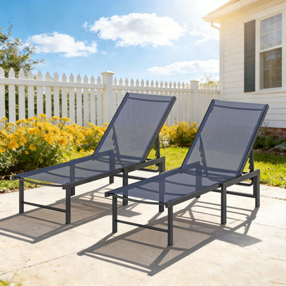 Sun Loungers Set of 2, 5-Level Reclining Sunbeds, Dark Blue