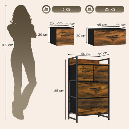 4-Drawer Fabric Chest with Top Shelf and Steel Frame - Rustic Brown & Black
