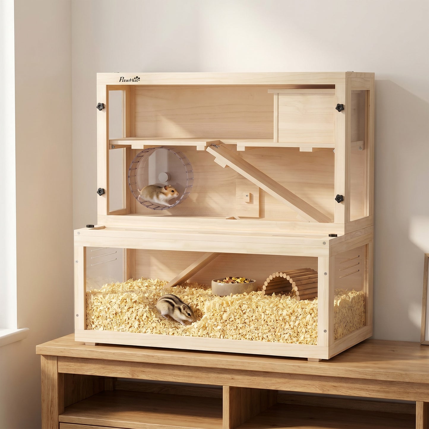 Wooden Hamster Cage, Large Gerbil Cage with Hut, Wheel, Ramps, 3 Tier Small Animal Habitat with Removable Viewing Panels, 80 x 50 x 84 cm, Natural