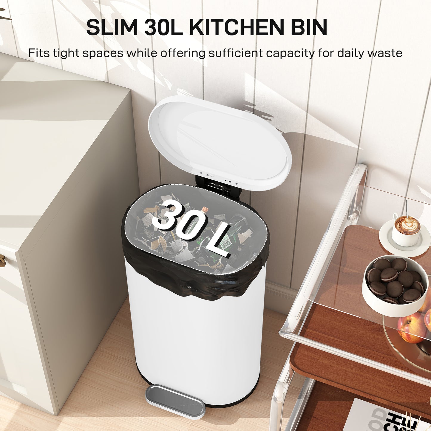 Slim Rectangular Pedal Bin with Soft-Close Lid, 30L Kitchen Bin White