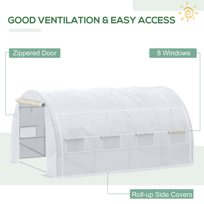 4 x 3 x 2 m Polytunnel Greenhouse with Steel Frame, Reinforced Cover, Zippered Door and 8 Windows for Garden and Backyard, White