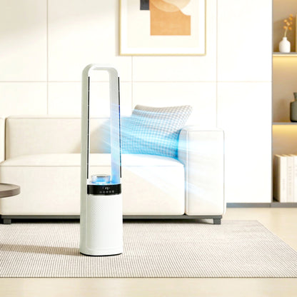 Bladeless Tower Fan with 45° Oscillating, LED Lights, 3 Speeds, White