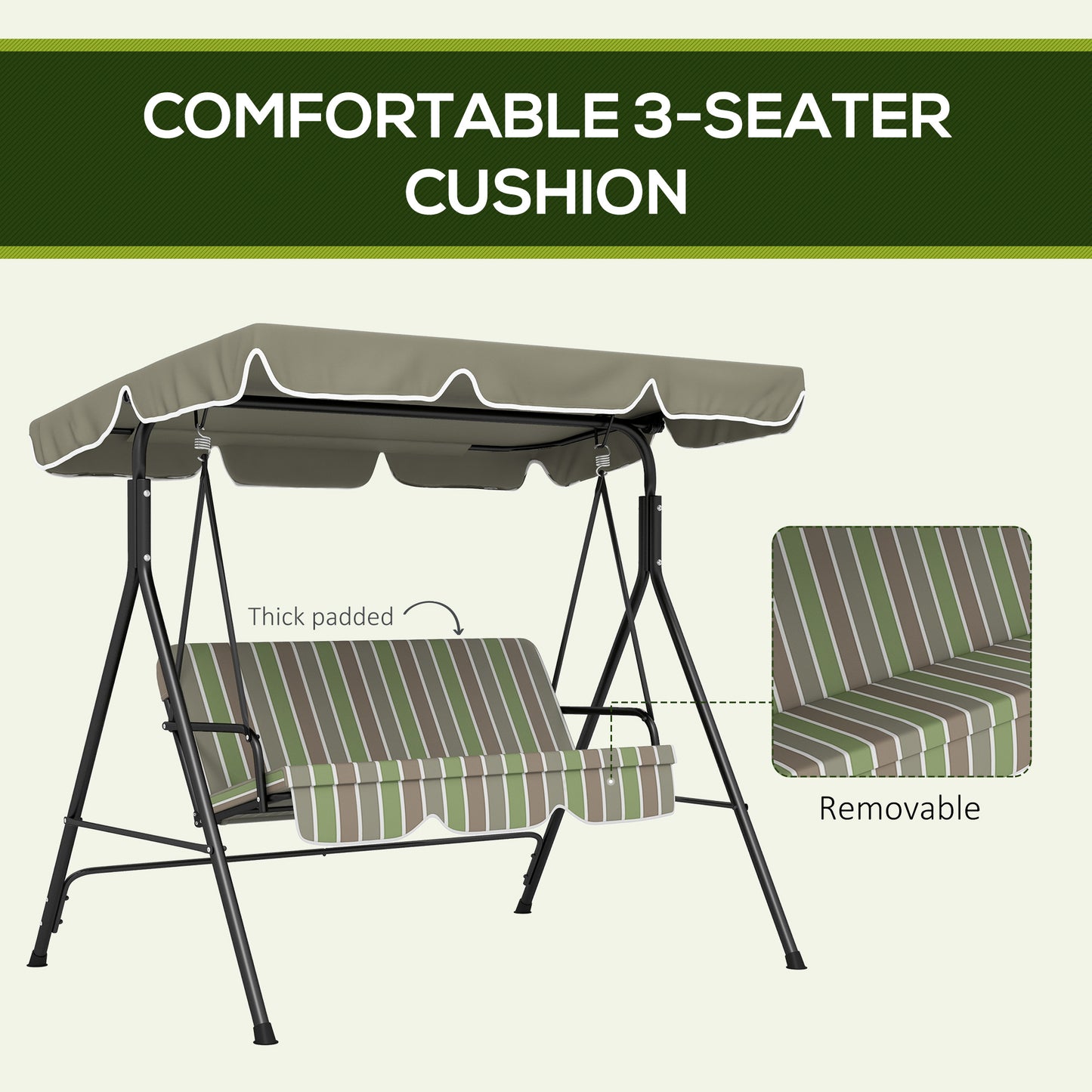Outdoor 3-person Metal Porch Swing Chair Bench Canopy Green