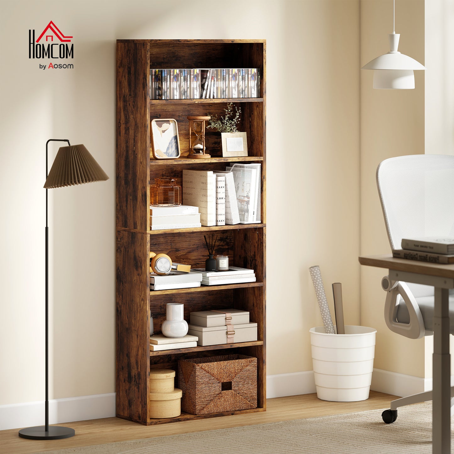 6 Tier Bookshelf, Freestanding Bookcase with Adjustable Shelves, Brown