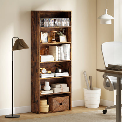 6 Tier Bookshelf, Freestanding Bookcase with Adjustable Shelves, Brown