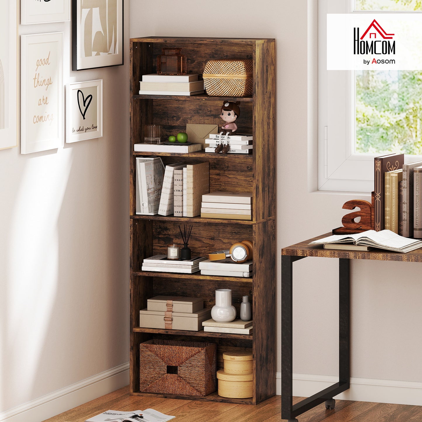 6 Tier Bookshelf, Freestanding Bookcase with Adjustable Shelves, Brown
